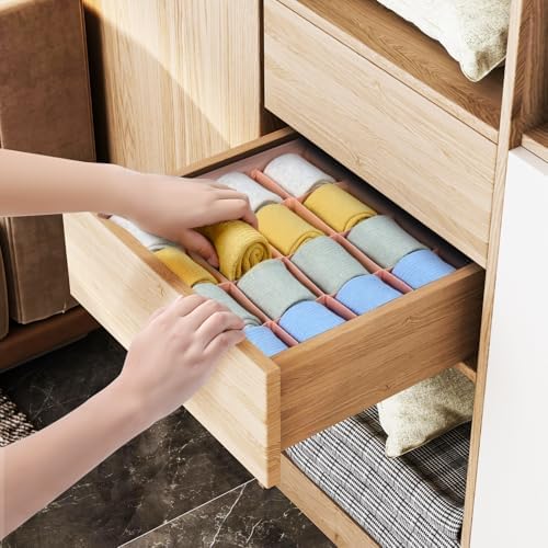 Joyoldelf Sock Drawer Organizer Divider, 16-Cell Underwear Organizers and Storage Fabric Drawer Organizer for Socks, Lingerie, Ties, 2 Packs Pink