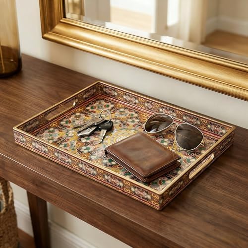 2pcs Boho Red Decorative Serving Tray, Modern Plastic Tray with Handles for Coffee Table, Living Room, Ottoman, Home Decor, Large, 15.7"*11.8"*1.6", Small 13.7"*9.8",