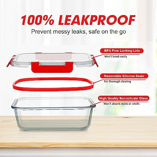 VERONES 12 Packs Glass Food Storage Containers Set with Lids, Red