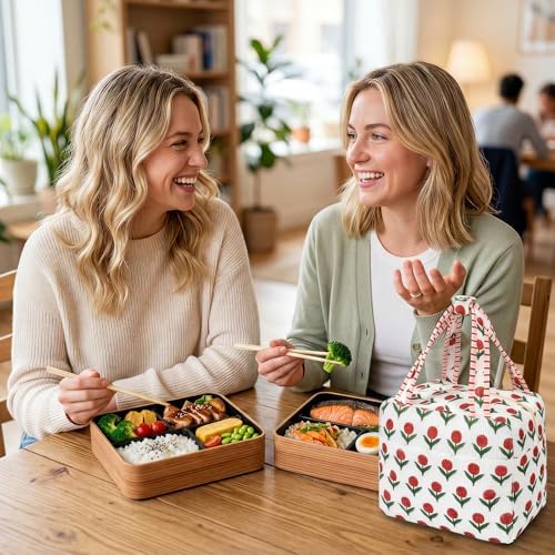 Lunch Box for Women, White Cute Floral Insulated Reusable Lunch Bag