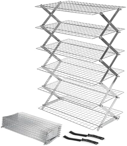 6 Tier Upgraded Collapsible Cooling Rack with Adjustable 3 Setting Design, Stackable Baking Rack with Clean Brush, Roasting Cooking Drying Wire Cooling Rack for Cookies Baking Roasting ＆ Grilling