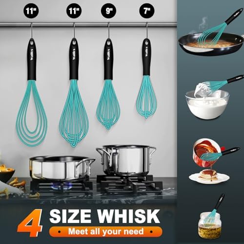 Walfos Silicone whisk,Whisks for Cooking Non Scratch, BPA Free whisk set of 4, 7+9+11in Balloon Whisks & 11in Flat Whisk, Heat Resistant(480°F).Great for Cooking in Pans, Baking, Whisking.Blue