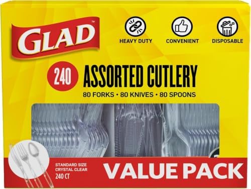 Glad Clear Disposable Cutlery Set with Heavy Duty Plastic Forks, Knives, and Spoons, Reusable Dishwasher Safe Plastic Utensils for Parties and Everyday Use, 240 Count (Pack of 6)