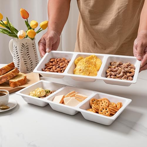 Divided Serving Tray, 14.75”x 6” Reusable 3-Section Party Platters, Condiment Serving Dishes for Entertaining, Ideal for Snacks, Appetizers, Fruit, Candy, Chip & Dip Set,White