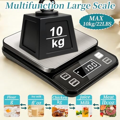 Waterproof Food Scale, 22lb Digital Kitchen Scale with Batteries, 304 Stainless Steel Precision Gram Scale for Baking, Cooking, Meal Prep, Tare Function