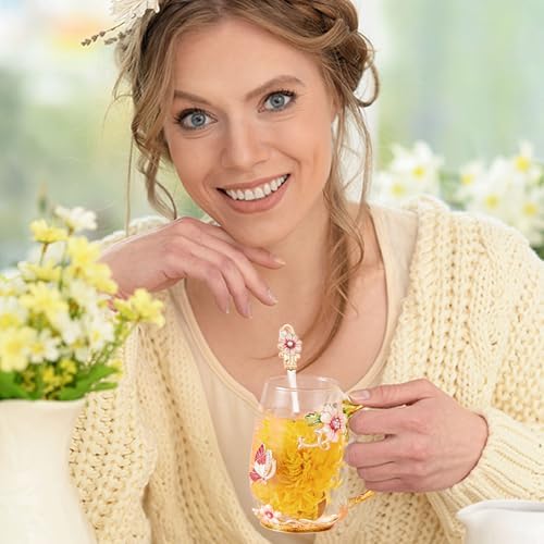 Flower Tea Cup,Clear Glass Fancy Coffee Mug with Spoon,Gift Box for Her Mom Wife Grandma Girls Friends Valentines Christmas Birthday Present Idea for Juice Milk Hot And Cold Drinks Use