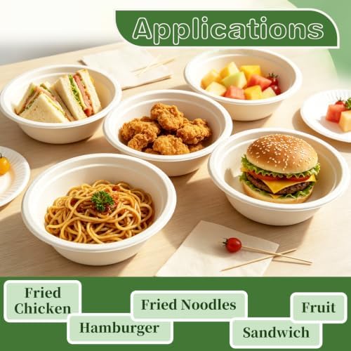 Zddaoole 200 Pack 12 OZ Compostable Disposable White Paper Bowls,Natural Heavy-Duty Soup Bowls,Biodegradable Bagasse Bowls for Hot Food,Salad,Milk,Dessert,Cereals