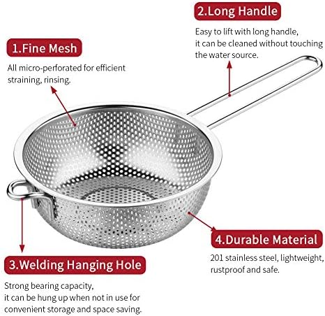 Stainless Steel Fine Mesh Colander with Long Handle, 6-Inch Metal Food Strainer with Resting Feet, Micro-Perforated Colander Metal Kitchen Strainer for Fried Food Vegetable Fruit(silver)