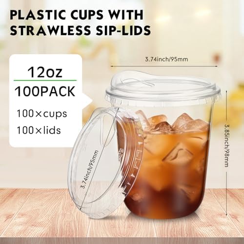 Baderke 100 Pcs Round Bottom Plastic Cups with Lids Clear Togo,12 Oz