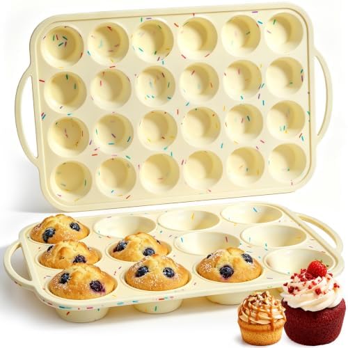 CAKETIME Silicone Muffin Pans for Baking, Metal Reinforced Frame Regular 12 Cups & Mini 24 Cups Cupcake Pan Set Nonstick Muffin Pan for Homemade Baking Easy to Handle