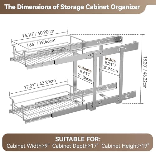 2 Tier Pull Out Cabinet Organizer 9" W X 17" D, Chromed, Full Slide Out
