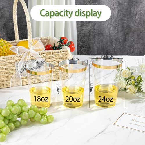 I00000 50 Pack 18 oz Gold Plastic Cups, Elegant Gold Rimmed Plastic Cups, Disposable Cocktail Glasses Wine Glasses, 18 oz Premium Tumblers Perfect for Birthday, Party & Wedding