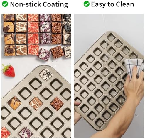 Beasea Square Mini Brownie Bite Pan, 2 Pack 48 Mini Small Tiny Cup All Edges Non Stick Square Cupcake Baking Sheet Tin Tray Carbon Steel Bakeware Individual Muffin Baking Pan - Gold