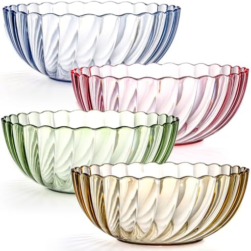 Fasmov 4 Pack Plastic Serving Bowls, Plastic Salad Mixing Bowls, 74oz Break Resistant Plastic Bowls for Salad, Fruit, Popcorn, Chip and Dip, Multicolor