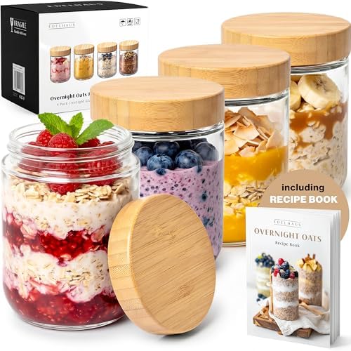 EDELHAUS Overnight Oats Containers with Lids - Glass Mason Jars, Meal Prep