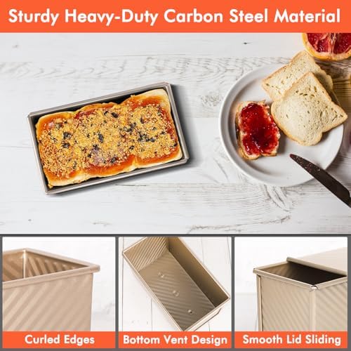 Beasea Pullman Loaf Pan With Lid, Non-Stick Carbon Steel Corrugated Bread Toast Box Mold With Cover Baking Tools - Gold
