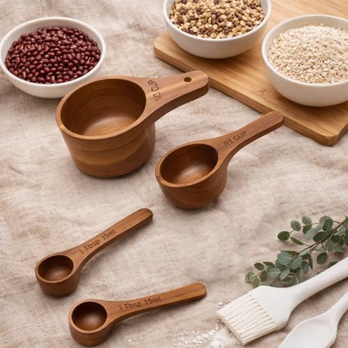 Wooden Measuring Cups and Spoons Set - Eco-Friendly Solid Acacia Wood, Laser Engraved Measurements, Perfect for Baking & Cooking - Ideal for Bakers (4-Pc Small Acacia Measuring Cups)