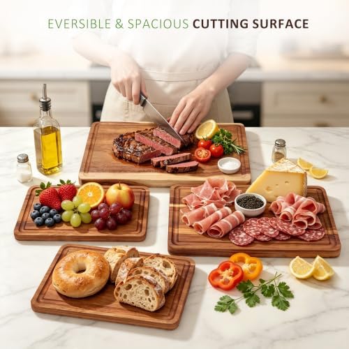 AZRHOM Large Solid Acacia Wooden Chopping Board Set of 4 for Kitchen