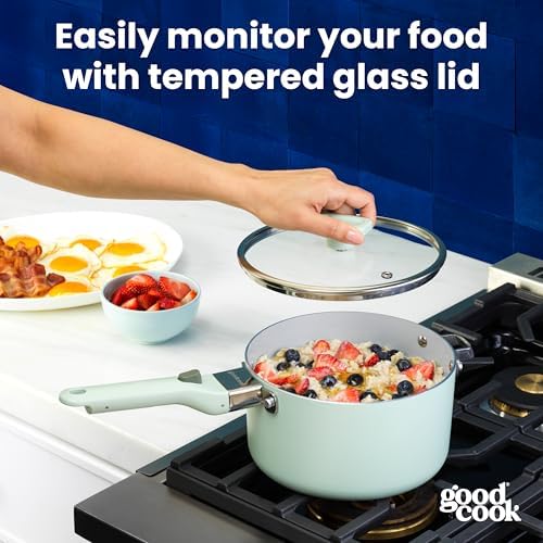 GoodCook Ceramic Sauce Pan with Removable Handle & Lid, Induction Compatible, Nonstick and Oven Safe, 3-Quart, Sage Green