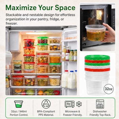 EONJOE 32oz Plastic Freezer Food Leftovers Containers with Lids, 12pcs