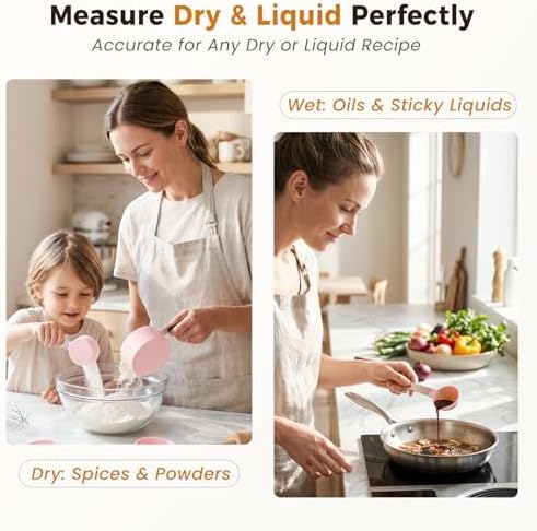 THLHKD 15 Pcs Measuring Cups and Spoons Set, Measuring Spoons Set with Stainless Steel Handles, Measure Spoon and Cup for Liquid & Dry Ingredients, Cute Pink & Colorful