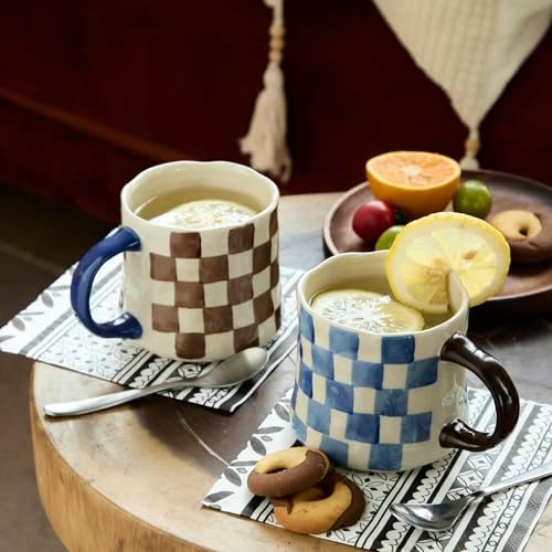 Retro Checkered Ceramic Coffee Mug 16Oz - Extra Large Handle, Microwave Safe Vintage Patterned Tea Cup for Home-2pack