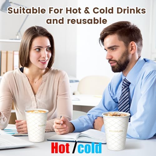 MOUMOULIFE Disposable Paper Coffee Cups 12 oz 300 Count, Leak-Proof Gold Gilded Elegant Paper Cups for Hot/Cold Drinks, Ideal for Bulk Wedding, Large Party, Catering, Events
