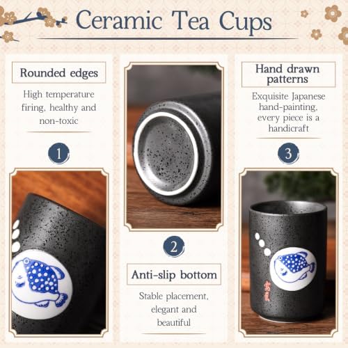 Qinyoung 4 Pcs Japanese Tea Cups Ceramic 10 oz No Handle, Pufferfish, Line
