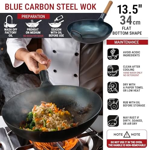 YOSUKATA 13.5” Blue Carbon Steel Wok Pan + Pre-Seasoned Blue Carbon Steel 17-inch Spatula and Ladle + Premium Wok Cover 13.5 inch Pan Lid