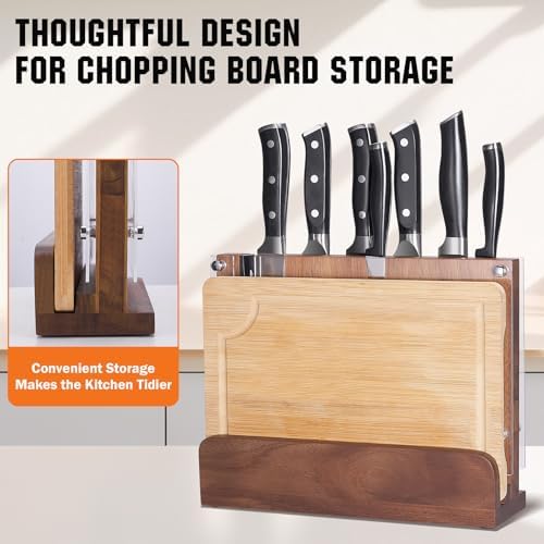 ENOKING Magnetic Knife Block 12.2 x 9.3", Double Sided Magnetic Knife Holde with Knife Sharpener, Acacia Wood Magnetic Knife Stand with Acrylic Shield for Kitchen Countertop