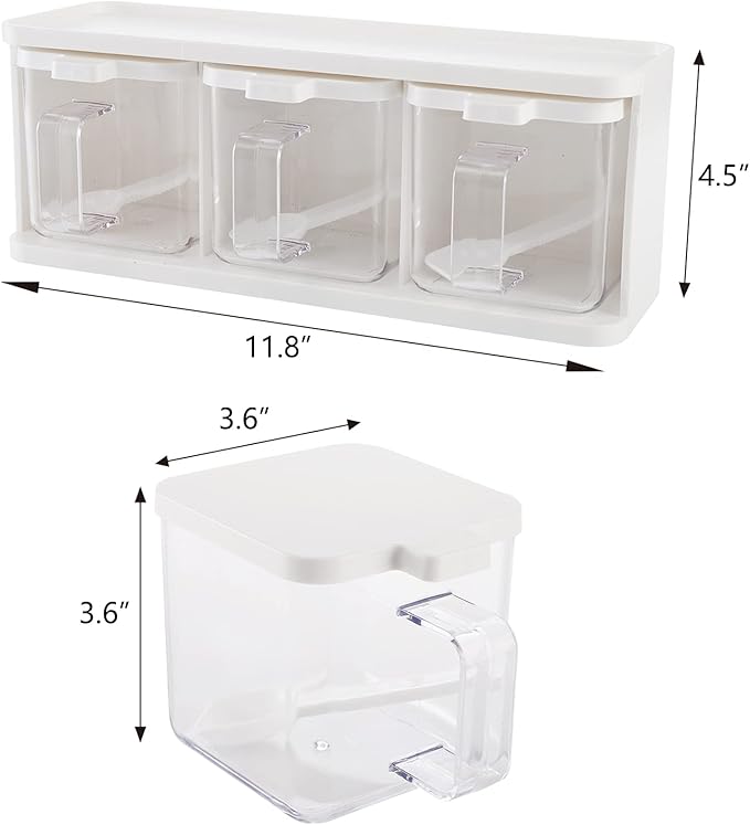 Hedume 2 Pack 3 Grids Clear Seasoning Box with Handle and Spoon, Seasoning Storage Container Rack Combo Set with Removable Cruet Jars for Spice Salt Sugar