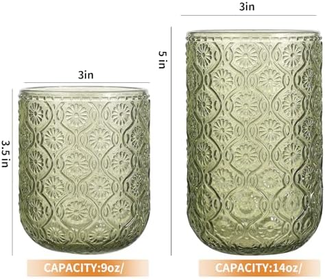 Set of 8 Vintage Embossed Glassware,4 Highball Glasses 14oz & 4 Rocks Drinking Glasses 9oz, Art Deco, for Wine, Water, Cocktail, Juice, Whiskey, Gift (Green)