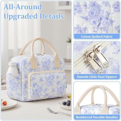 WOBAGMEN Quilted Lunch Box for Women,Large Floral Insulated Lunch Bag with Multiple Pockets,Adjustable Strap,Reusable Lunch Tote Box for Work Picnic Travel (Elegant Blue Floral, M)