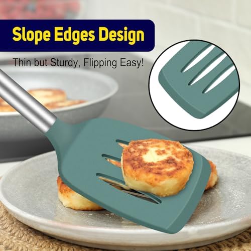 HOTEC Silicone Spatula Set of 2 Heat-Resistant 600F & BPA-Free Kitchen Spatula Turner with Stainless Steel Handles, Slotted & Solid Spatulas for Nonstick Cookware, 13.7 Inch, Sage Green
