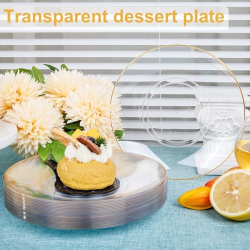 Nervure 100PCS Clear and Gold Rim Plastic Plates - 7.5″ Disposable Plates