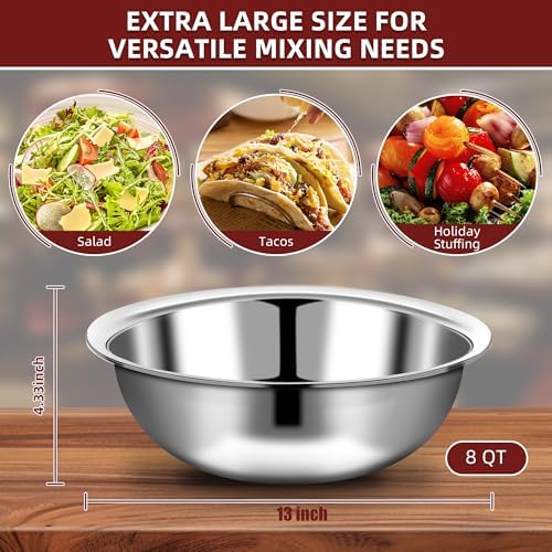 10 Pcs Stainless Steel Mixing Bowls Metal Mixing Bowls Extra Large Basin Salad Bowl with Deeper Edge, Dishwasher Safe, Mirror Finish for Home and Commercial, Silver (13 Inch 7 Qt)