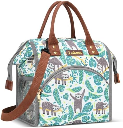 LOKASS Lunch Bag Insulated Lunch Box Wide-Open Lunch Tote Bag Large Drinks Holder Durable Nylon Snacks Organizer with Removable Shoulder Strap for Women Men Adults Work Outdoor,Sloth