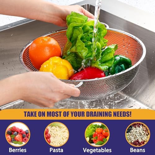 E-far Stainless Steel Colander, 3-Quart Micro-Perforated Metal Colander Strainer with Handle for Kitchen/Draining Pasta/Rinsing Vegetables Fruits, Heavy Duty & Dishwasher Safe - 8.8 Inches