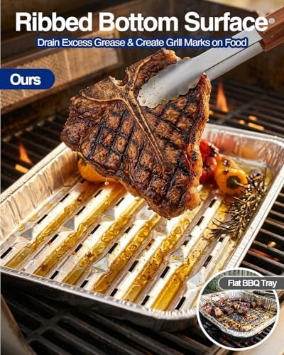 50Pcs Broiler Pans for BBQ Grill, 9.2 x 13.5 Grill Pan Liners with Ribbed Surface, Disposable Aluminum Foil Trays for Oven with Hole