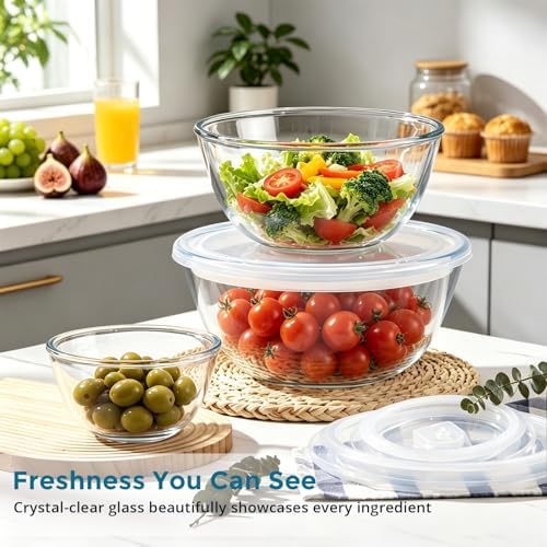 E-far Glass Mixing Bowls with Airtight Lids Set for Cooking Prep Serving