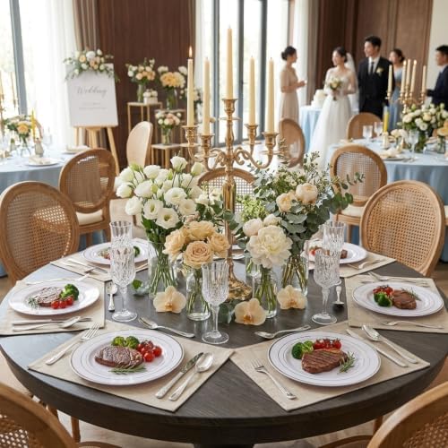 FLOWERCAT 60PCS Silver Plastic Plates - Heavy Duty White and Silver Plastic Plates Disposable - Include 30PCS 10.25inch Dinner Plates and 30PCS 7.5inch Dessert Plates for Fall Wedding&Birthday Party