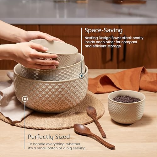 KooK Ceramic Nesting Bowls, Embossed, Oven Safe, Set of 4, Almond