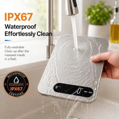 Ultrean IPX7 Waterproof Digital Food Scale, 33lb Kitchen Scale with Grams and Ounces (g/oz), Rechargeable Type-C, 1g Precision, 304 Stainless Steel, LED Display for Cooking, Baking & Meal Prep