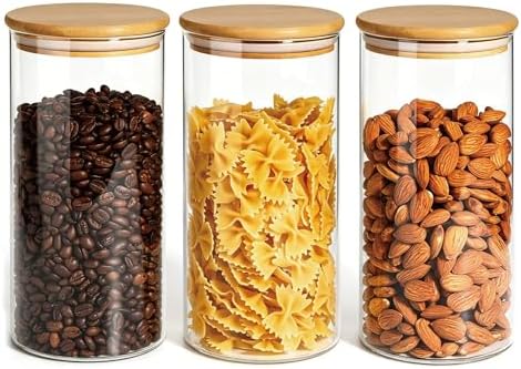 3 Pack 1200 ML / 40 FL Oz Glass Storage Container with Wood Lid, Stackable Clear Decorative Organizer Bottle Canister Pantry Jar with Air Tight Wooden Lid for Food, Coffee, Candy, Sugar, Salt, Tea