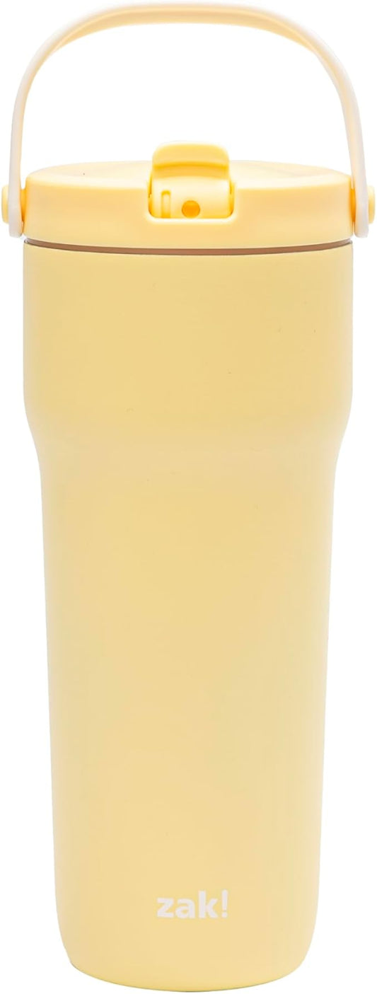 Zak Designs Sutton Travel Tumbler for On the Go, 30oz Stainless Steel with Vacuum Insulation, Straw Spout, Carry Handle for Cold Drinks (Vanilla Yellow)