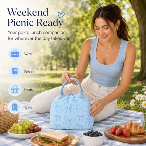 LEDAOU Lunch Box for Women Insulated Lunch Bag Corduroy Lunch Tote Bags Leakproof Cooler Lunch Case for Travel Work Picnic (Bow Tie Blue)