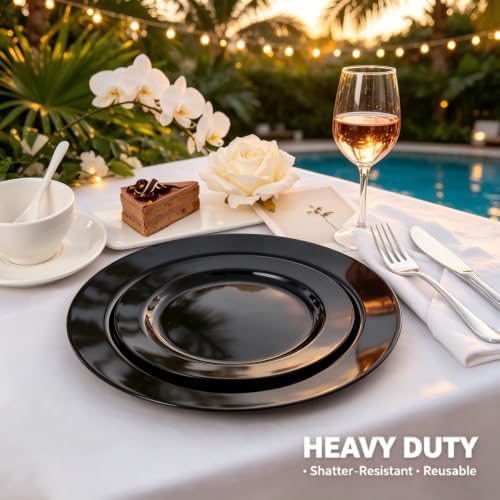 FLOWERCAT 60PCS Black Plastic Plates - Heavy Duty Black Disposable Plates for 30 guests Birthday Party/Wedding/Halloween- Include 30PCS 10.25inch Dinner Plates and 30PCS 7.5inch Dessert Plates