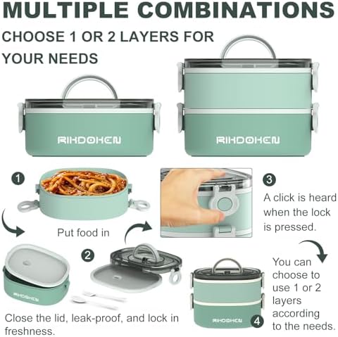 RIKDOKEN Lunch Box, Stackable 2 Layers Containers, Portable 64OZ Large Capacity Leakproof Bento Box with Spoon & Fork & Sauce Boxes, Microwave Safe Lunch Box for Kids and Adults