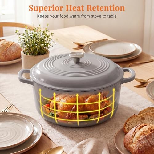 NEWBULIG Cast Iron Dutch Oven, 6 Quart Enamel Dutch Oven Pot with Lid, Heavy Duty Cookware for Sourdough Bread, Braising, Stews, Roasting, Safe up to 500°F, Grey