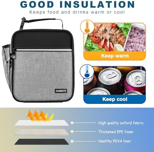 Lunch Bag, Durable Insulated Lunch Box Reusable Adults Tote Bag Lunch Box Durable Reusable for Adults (Black-Light Gray)